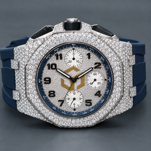 Montre chronographe analogique à quartz pour homme, luxe, sertie de diamants moissanite, avec bracelet en caoutchouc bleu - Product Image 1