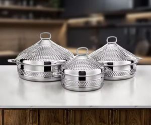 Calentador de Alimentos de Malla Dorada Bicolor con Cúpula Plateada y Adorno Caligráfico, Elegante Cazuela para Ramadán, Ideal para Catering de Lujo - Product Image 1