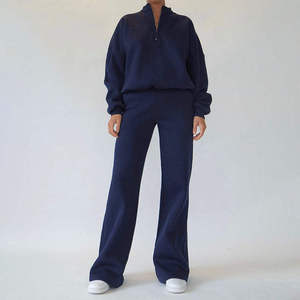 Custom Women's Quarter <b>Zip</b> Sweatshirt and Wide Leg Pants Tracksuit Premium Fleece Lounge Set OEM ODM Private Label Apparel - Product Image 2