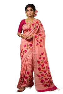 Sari rose à imprimé floral, tissu en soie pure Bishnupuri, pour femmes, Inde, Pakistan, Bangladesh, sari traditionnel - Product Image 1