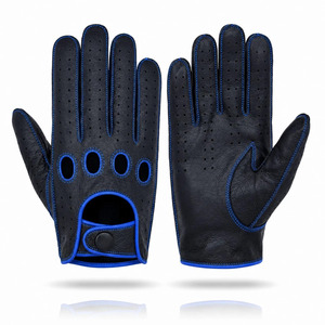 Gants de conduite unisexes en cuir de mouton noir avec surpiqûres bleues, trous de ventilation respirants pour une conduite confortable toute l'année - Product Image 1