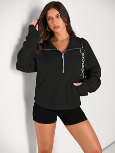 Pull oversize à demi-zip pour femme, marron, à manches longues, avec fermeture éclair quart de tour - Product Image 1