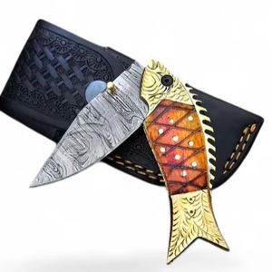 Cuchillo de Acero de Damasco Hecho a Mano con Hoja Drop Point, Bloqueo Liner Lock, Mango de Hueso de Camello y Latón, Profesional, EDC, de Bolsillo, Utilitario, Multiusos, de Alta Calidad - Product Image 1