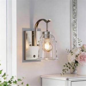 Industrial <b>Wall</b> <b>Sconce</b> with Clear Glass Shade Brushed Nickel Finish Rectangle Backplate Decorative <b>Lighting</b> Fixture - Product Image 5