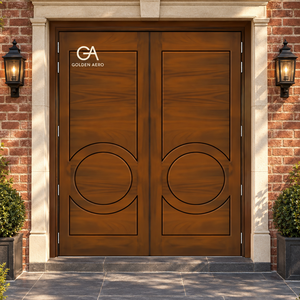 Porte d'entrée double à feuilles battantes en bois massif moderne GA-41L, design à rainures circulaires pour villa, qualité supérieure, directement de l'usine - Product Image 5