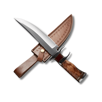 Couteau de chasse en acier inoxydable, lame pleine longueur à pointe tombante, manche en bois avec étui en cuir, pour usage en extérieur et camping