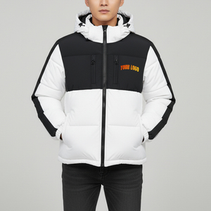 Men's Winter Hooded Puffer <b>Jacket</b> Color Blocking Windproof Thick Warm Polyester Filled Casual Style Front Logo Print - Product Image 2