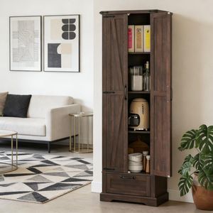 Armario de despensa alto estilo rústico con cajón de puerta corredera y estantes ajustables para cocina - Product Image 1