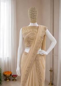 Lehenga Saree Indio de Georgette Estrellado Premium Beige con Blusa Bordada y Borde de Lentejuelas, Traje de Fiesta y Boda para Mujer - Product Image 5