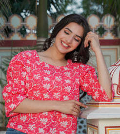 Haut rose en coton à imprimé floral pour femme, coupe classique, avec manches bouffantes à trois couches et col carré, style décontracté mondial - Product Image 4