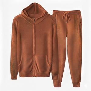 Traje de suéter acolchado de terciopelo con capucha y forro sólido, estilo americano, holgado, para hombre, Otoño Invierno 2026 - Product Image 4