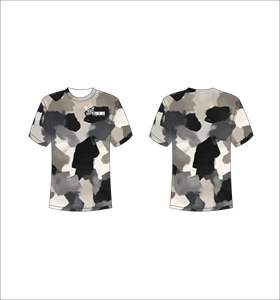 Camiseta Deportiva Ligera de Manga Corta Sublimada Personalizada con Diseño de Camuflaje Abstracto en Gris, Negro y Crema - Product Image 1