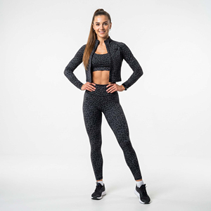 Leopard Print <b>Women</b> Yoga 3 Piece Set 100% Polyester Crop Training Jacket Printed Sports Bra High Waist <b>Leggings</b> 3 Piece Workout - Product Image 3