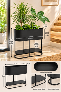 Jardinière ovale moderne en métal noir avec support et étagère de rangement, porte-plantes contemporain pour intérieur, décoration de luxe pour la maison et le bureau - Product Image 2
