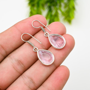 Pendientes de Cuarzo Rosa Natural Personalizados, Plata de Ley 925, Joyería de Lujo Hecha a Mano, Cristal Rosa, Regalo para Mujeres y Niñas - Product Image 1