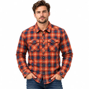 Camisa de franela a cuadros naranja para hombre, manga larga, con botones, informal, con bolsillos en el pecho - Product Image 2