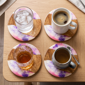 Sous-verre rond artisanal en bois et résine, aspect marbre, antidérapant, écologique, pour la maison et le bar - Product Image 4