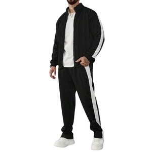 Wholesale <b>Men</b> Black Tracksuit with <b>White</b> Side Stripe Zip Jacket and Jogger <b>Pants</b> Two Piece Casual Sportswear Training Outfit Set - Product Image 1