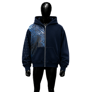 Sweat à capuche zippé bleu marine oversize avec motif abstrait, style streetwear décontracté, mode unique, confort et style garantis - Product Image 1