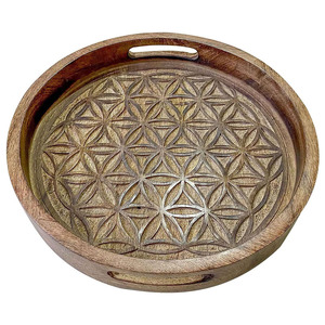 Plateau de service rond en bois de manguier de couleur brûlée avec poignées | Plateau rond en bois sculpté à la main pour le service et la décoration - Product Image 4