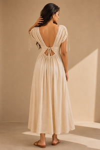 Vestido largo bohemio de algodón y lino sin espalda con cuello en V y aberturas, elegante, casual, para playa, con lazo trasero, para mujer, venta al por mayor - Product Image 3