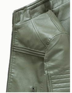 TRIBON SPORTS Men's Olive Green <b>Leather</b> Bomber <b>Jacket</b> Stand Collar Zipper Closure Slim Fit Regular Length Solid Color Breathable - Product Image 3