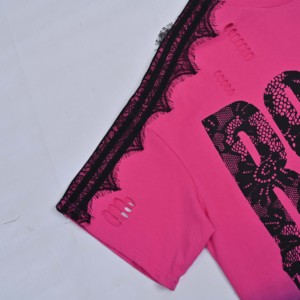 T-shirt rose dégradé OEM pour femme avec trous déchirés et imprimé ROCS, streetwear, col rond, manches courtes, coupe ample, tendance outdoor - Product Image 5