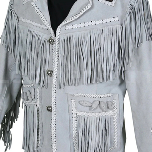 Chaqueta de cuero de gamuza estilo occidental personalizada para mujer con flecos y bordados, manga larga, cuello vuelto, para otoño. - Product Image 6