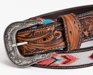 Ceinture en cuir occidentale de haute qualité avec boucle artisanale à motifs multicolores perlés, marque SADAF SADDLERY, taille 24-34 pouces, Inde - Product Image 1