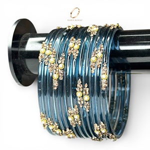 Bracelets de mariée indiens de luxe, bracelets en verre bleu kashmiri tendance, cristaux floraux, pour mariage et occasions festives, prix de gros - Product Image 1