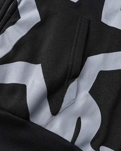 Sweat à capuche zippé noir pour homme avec imprimé abstrait gris sur le devant, logo, coupe ample, en coton French Terry, décontracté, pour l'automne - Product Image 4