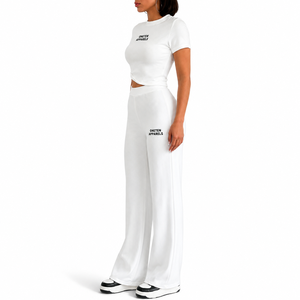 ONETEN APPARELS Women White <b>3</b> Piece <b>Set</b> Hooded Cropped T-Shirt Wide-Leg Pants Casual Winter Loose Fit Spandex/Nylon Fleece - Product Image 5