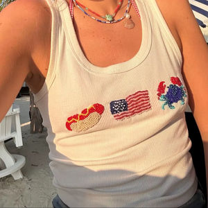 Débardeur court décontracté en coton pour femme, col rond, jersey tricoté, broderies, sequins, appliques - Vêtements écologiques et durables - Product Image 1