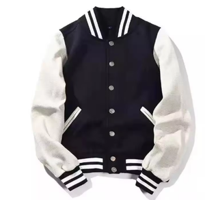 Men's Merit Sports Black White Varsity Jacket Mandarin Collar <b>Covered</b> <b>Button</b> Closure Anti-Bacterial Fleece Lining Solid Color - Product Image 2