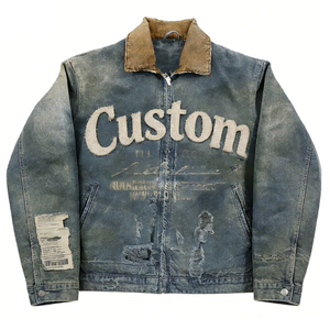OEM Factory Custom Streetwear Vintage Jean <b>Coats</b> Distressed Embroidered Patch logo Custom Designer <b>Denim</b> Zipper Jacket for Men - Product Image 1
