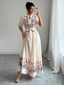 Robe d'été décontractée pour femmes, robe longue élégante pour femmes avec col à double volant en forme de feuille de lotus, broderie et doublure en coton - Product Image 6