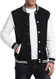 Men's <b>Black</b> White Varsity Jacket <b>Fleece</b> Casual O-Neck Regular Fit Winter Polyester Cotton Shell Button Closure Reversible - Product Image 3