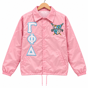 Veste de coach personnalisée Gamma Phi Delta Sorority, logo brodé sur le devant, couleurs rose et bleu clair, manches longues, légère, pour femme - Product Image 5