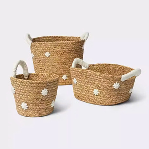 Eco-Friendly <b>Woven</b> Seagrass Storage <b>Baskets</b> with Floral Patterns Round Design Handle Modern Style for Bedroom Laundry Hotel Use - Product Image 5