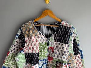 Floral Patchwork Quilted Cotton Jacket Women V Neck Three Quarter Sleeve Autumn Outerwear Casual Cardigan gift for her - Product Image 3
