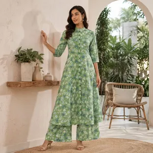 Ensemble Kurta Plazo pour femmes, vert, en coton, imprimé floral, coupe trapèze, manches trois quarts, col mandarin, deux pièces, traditionnel, ethnique, décontracté - Product Image 2