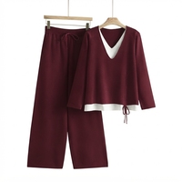 Ensemble de vêtements pour femmes Muhseeq, col mandarin, tricot respirant, ensemble de pantalon large à patchwork, tenue en deux pièces, jacquard, automne