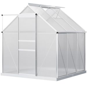 Invernadero Resistente de 6 Pies x 6 Pies con Ventilación de Techo Ajustable y Canaletas de Lluvia Plateadas, Puerta Corredera de Policarbonato para Uso en el Patio Trasero - Product Image 1