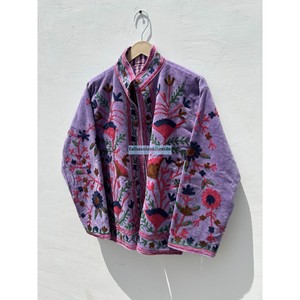 Purple Velvet Embroidered Jacket Mandarin Collar Full Sleeve Floral Design <b>Women's</b> <b>Coat</b> <b>Spring</b> Style Hand Embroidery - Product Image 2