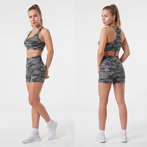 Conjunto de yoga de 2 piezas con estampado de camuflaje para mujer, sujetador deportivo con espalda cruzada, pantalones cortos de yoga de cintura alta con efecto fruncido, poliéster de secado rápido, conjunto de entrenamiento para gimnasio para mujer - Product Image 4
