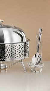 Plat à chafing rond en acier inoxydable avec design découpé au laser, chauffe-plats de buffet avec couvercle en verre et cuillère de service pour événements hôteliers et traiteur - Product Image 2