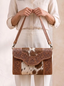 Western Genuine Leather Cowhide Handtooled Short Crossbody Animal Prints Embossed Envelope Purse Vintage Shoulder Coin Holder - Product Image 3