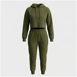 Conjunto de Sudadera con Capucha y Pantalones Deportivos Verde Oliva para Mujer, Estilo Casual, Color Sólido, Manga Larga, con Cordón Ajustable, Ropa Deportiva para Otoño - Product Image 1