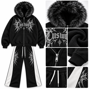 Ensemble sweat à capuche et jogging motif épine gothique avec capuche garnie de fausse fourrure, manches à motifs complexes, art graphique sur la poitrine, coupe décontractée, vêtements d'hiver B2B US - Product Image 4