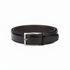 Cinturón de Cuero Vacuno Negro con Hebilla Rectangular Plateada, Diseño Sólido, Cinturón de Vestir de Cuero Genuino para Hombre - Product Image 1